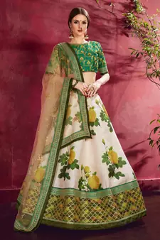 Ravishing Green Dori and Sequins Embroidered & Digital Floral Printed Art Silk Party Lehenga