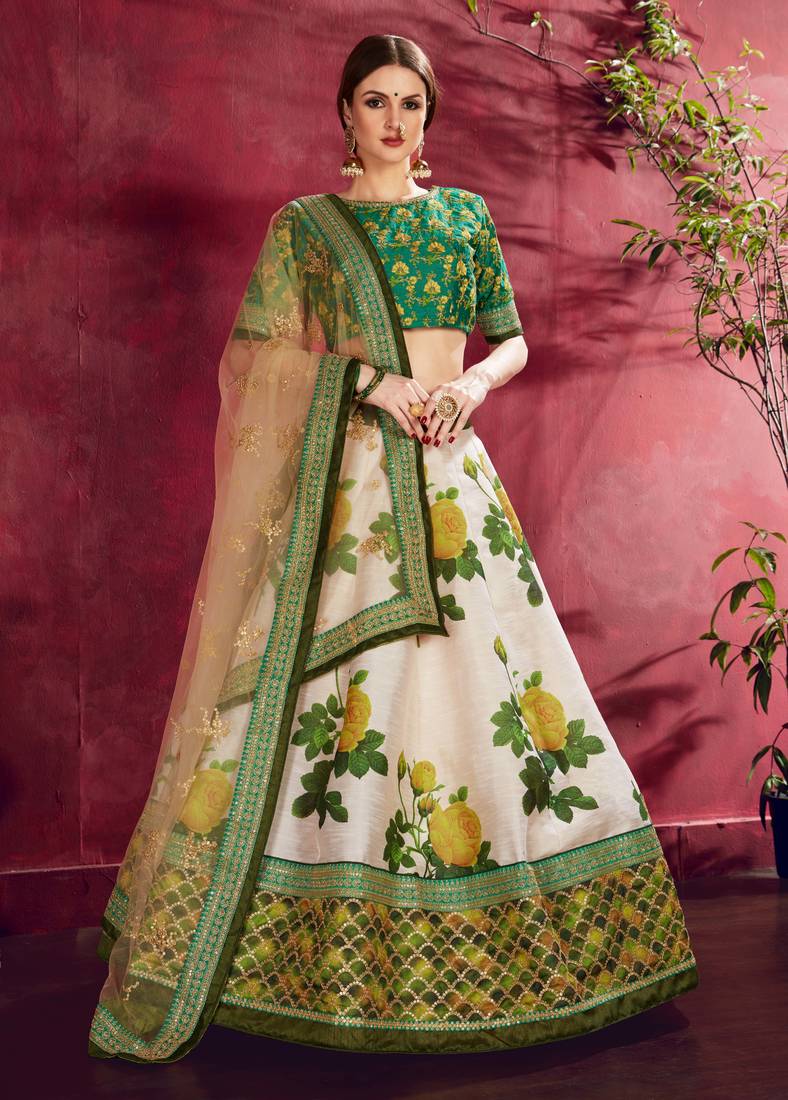 Ravishing Green Dori and Sequins Embroidered & Digital Floral Printed Art Silk Party Lehenga