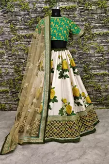 Ravishing Green Dori and Sequins Embroidered & Digital Printed Designer Floral Silk Lehenga