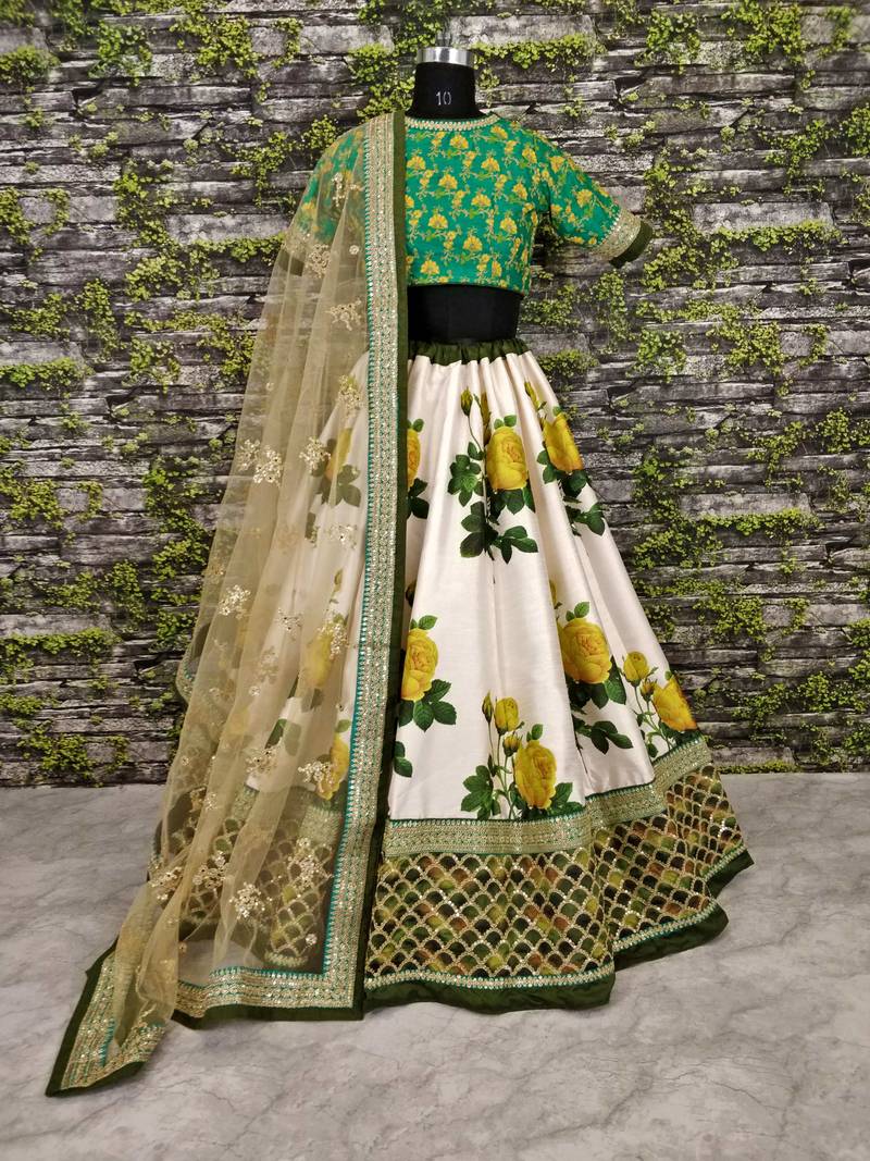 Ravishing Green Dori and Sequins Embroidered & Digital Printed Designer Floral Silk Lehenga