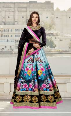  Peacock Blue And Black Dori And Sequins Embroidered Art Silk Lehenga Choli For Wedding 1