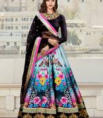  Peacock Blue And Black Dori And Sequins Embroidered Art Silk Lehenga Choli For Wedding