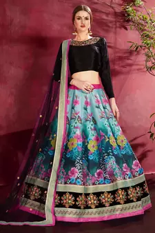 Gorgeous Peacock blue and Black Dori and Sequins Embroidered Art Silk Lehenga choli for wedding