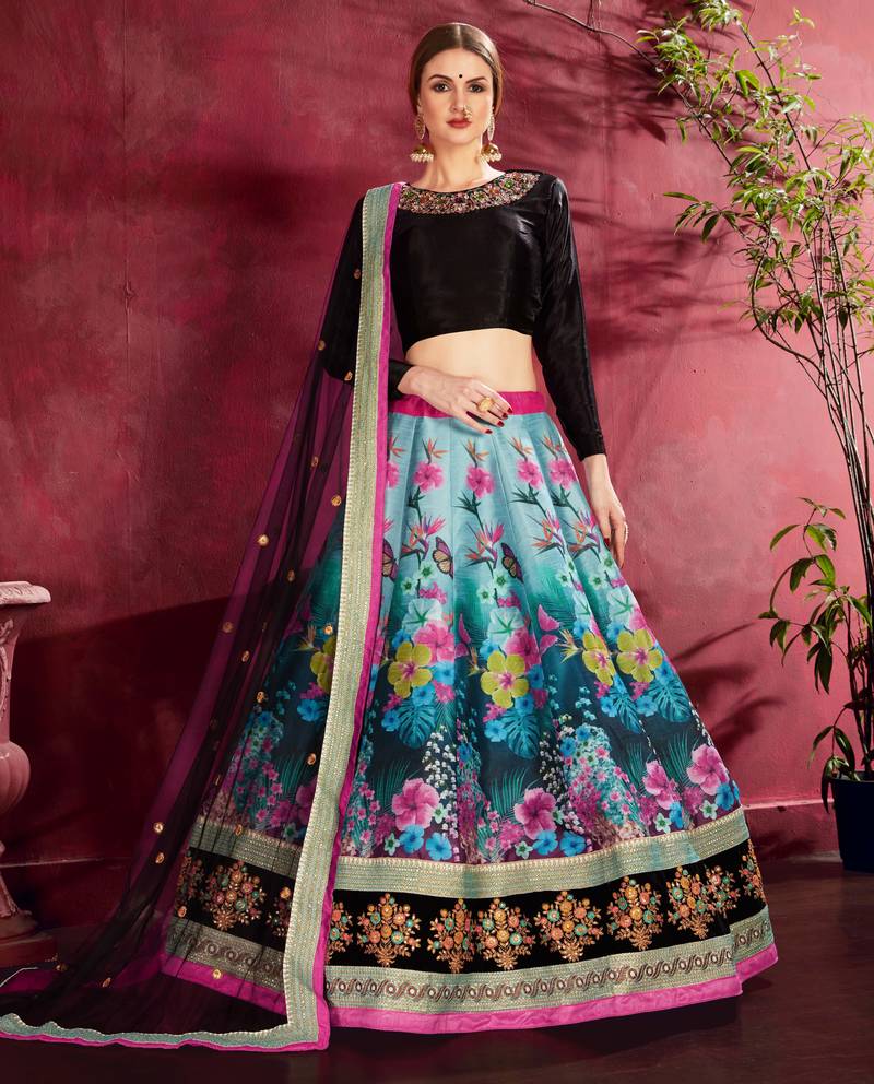 Gorgeous Peacock blue and Black Dori and Sequins Embroidered Art Silk Lehenga choli for wedding