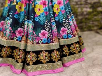  Peacock Blue And Black Dori And Sequins Embroidered Art Silk Lehenga Choli For Wedding 4