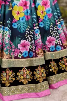  Peacock Blue And Black Dori And Sequins Embroidered Art Silk Lehenga Choli For Wedding