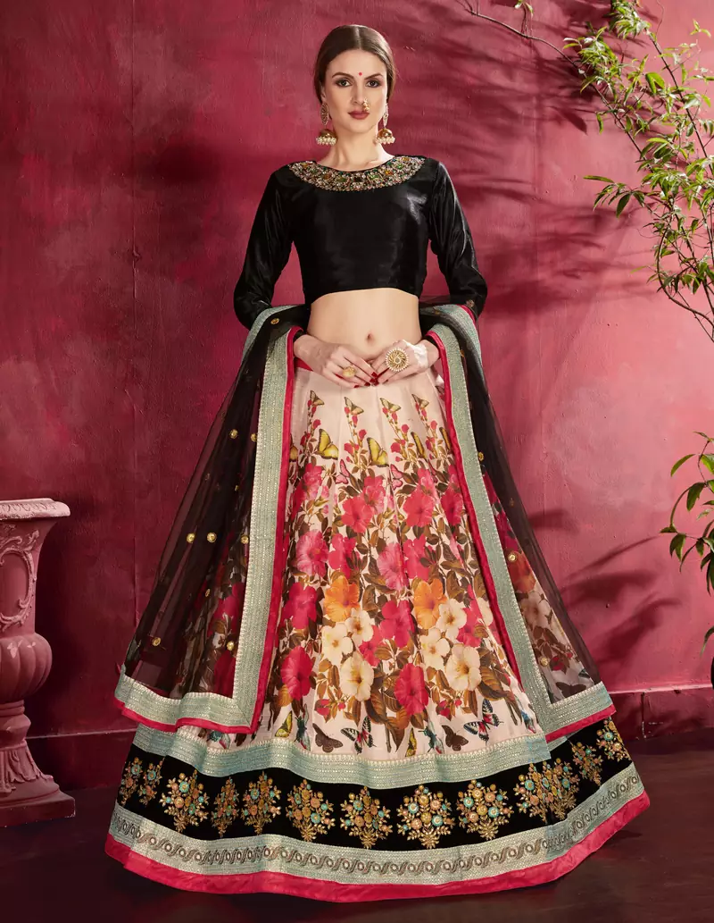 Mesmerizing Cream and Black Dori and Sequins Embroidered Art Silk Party wear Lehenga Choli
