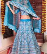 Blue Zari Dori And Sequins Embroidered Japan Satin Semi Stitched Lehenga Choli For Wedding
