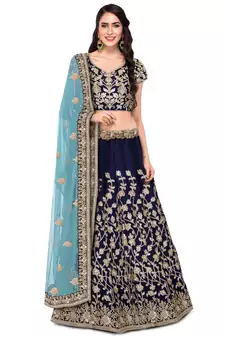Glamorous Blue Zari, Dori And Sequins Embroidered Japan Satin Semi Stitched Lehenga Choli For Wedding