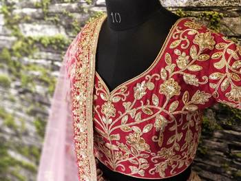 Red Embroidered Silk Semi Stitched Bridal Lehenga  3