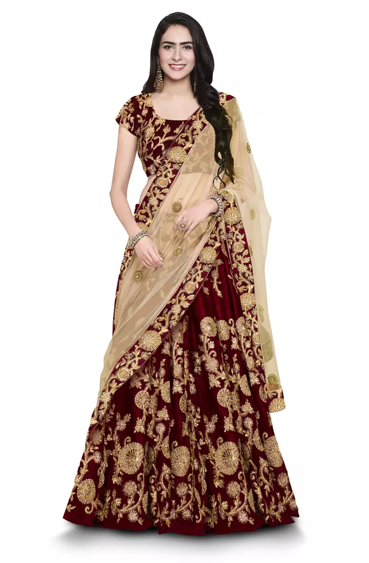 Enchanting Maroon Dori, Badla & Sequins Embroidered Semi Velvet Lehenga Choli for bride