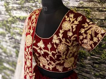 Maroon Dori Badla & Sequins Embroidered Semi Velvet Lehenga Choli For Bride 3
