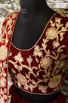 Maroon Dori Badla & Sequins Embroidered Semi Velvet Lehenga Choli For Bride