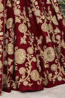 Maroon Dori Badla & Sequins Embroidered Semi Velvet Lehenga Choli For Bride
