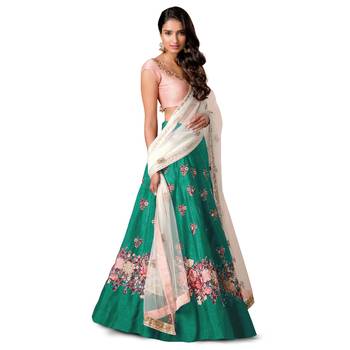 Green Embroidered Silk Semi Stitched Lehenga With Dupatta 1