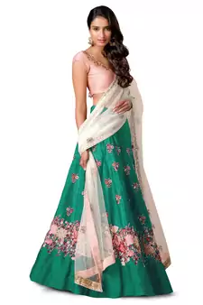 Green Embroidered Silk Semi Stitched Lehenga With Dupatta
