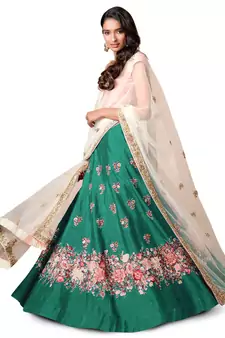 Green Embroidered Silk Semi Stitched Lehenga With Dupatta