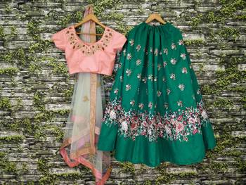 Green Embroidered Silk Semi Stitched Lehenga With Dupatta 4
