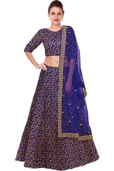 Blue Embroidered Silk Semi Stitched Lehenga With Dupatta