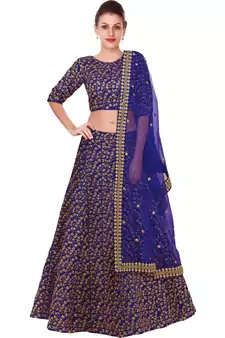Blue Embroidered Silk Semi Stitched Lehenga With Dupatta