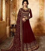 Maroon embroidered georgette anarkali  with dupatta