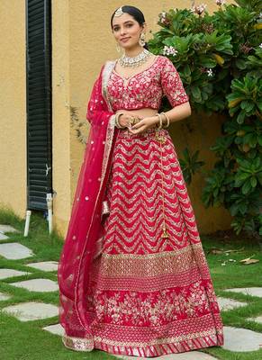  Maroon Zari Thread And Sequins Embroidered Silk Indian Wedding Lehenga Dress 1