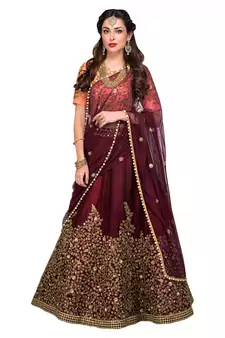 Delightful Maroon Zari, Thread and Sequins Embroidered Silk Fabric Indian wedding Lehenga Dress