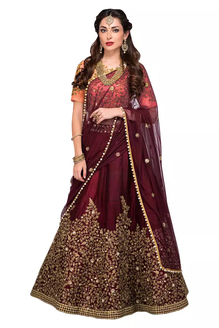 Delightful Maroon Zari, Thread and Sequins Embroidered Silk Fabric Indian wedding Lehenga Dress