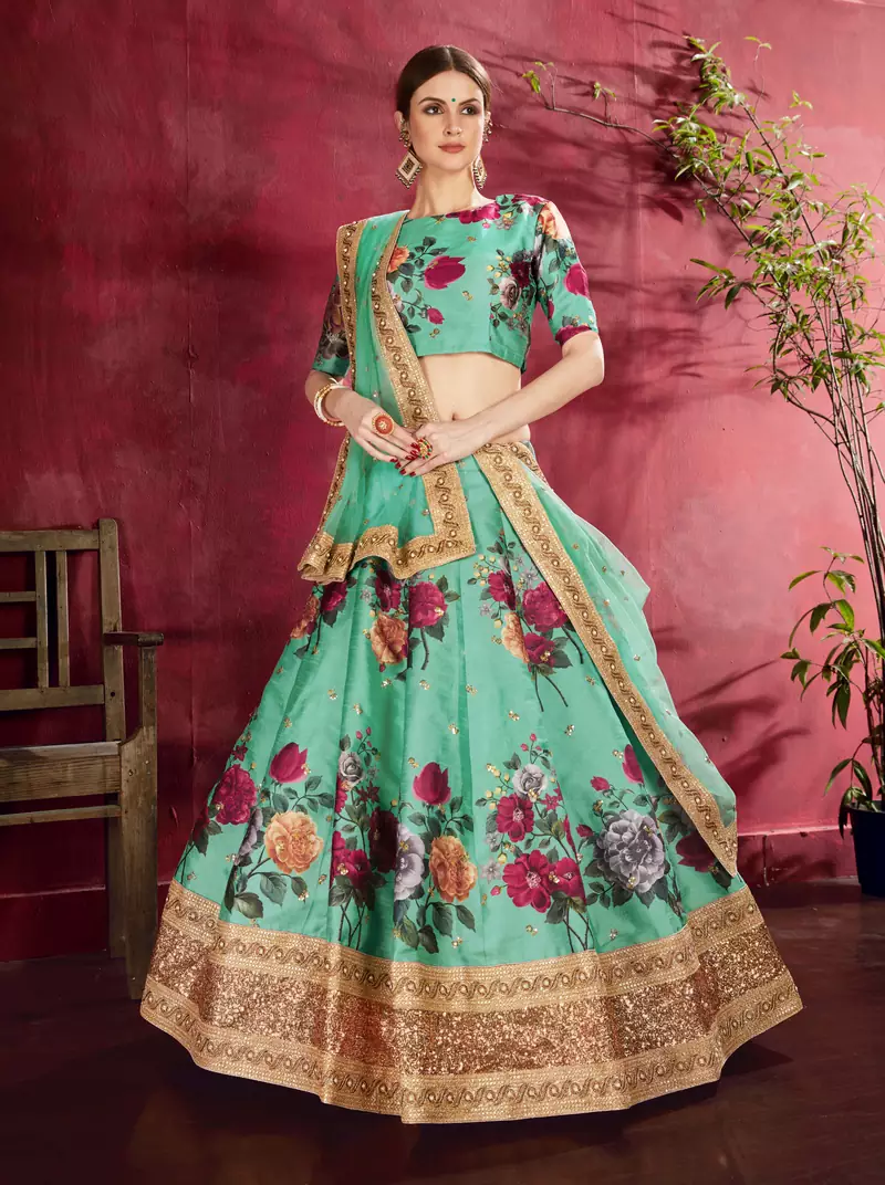 Glamorous Green Pearl, Dori and Sequins Embroidered Art Silk Fabric Designer Lehenga choli for wedding