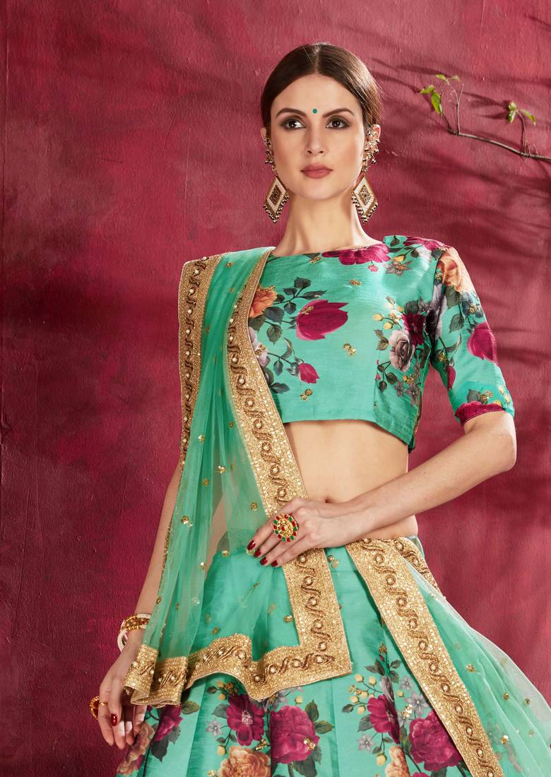 Green Pearl Dori And Sequins Embroidered Art Silk Designer Lehenga Choli For Wedding