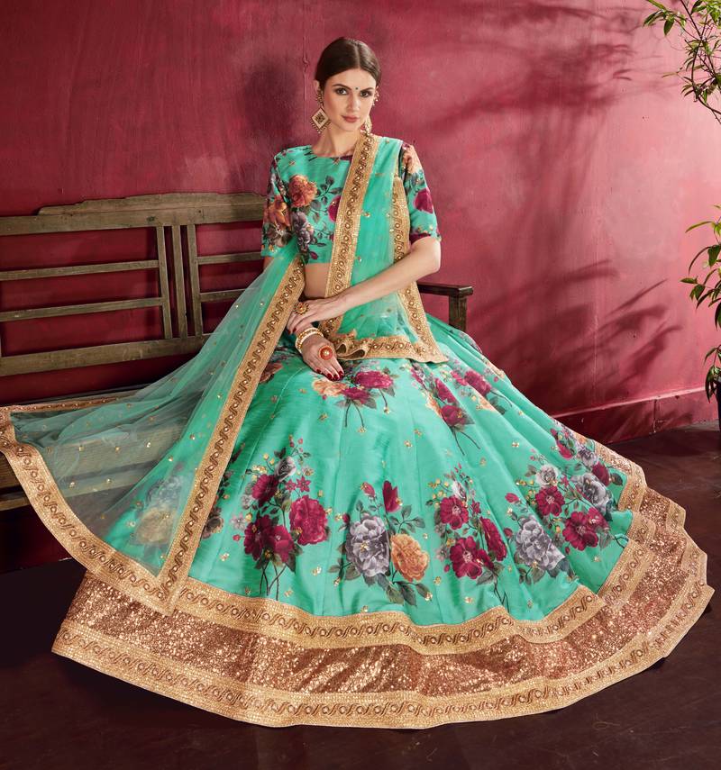 Green Pearl Dori And Sequins Embroidered Art Silk Designer Lehenga Choli For Wedding