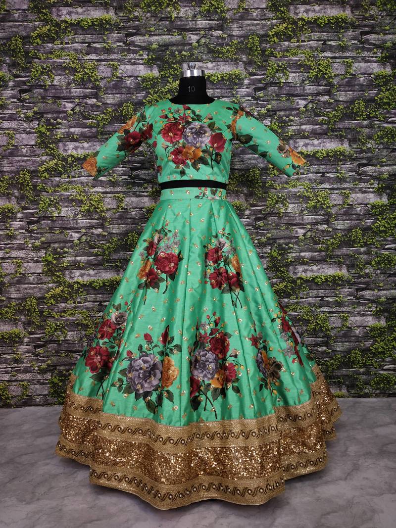 Green Pearl Dori And Sequins Embroidered Art Silk Designer Lehenga Choli For Wedding