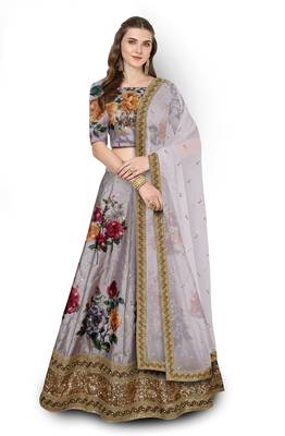 Grey Embroidered Art Silk Semi Stitched Floral Lehenga 1