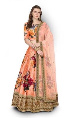 Peach Embroidered Art Silk Semi Stitched floral lehenga 1
