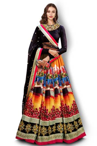Catching Yellow and Black Dori and Sequins Embroidered Art Silk Designer Lehenga choli for wedding