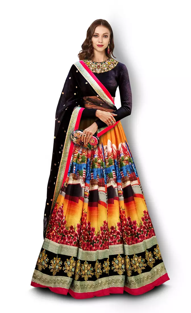 Black and yellow Embroidered Art Silk Semi Stitched Floral Lehenga