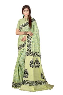 Light parrot green printed satin saree with blouse 1