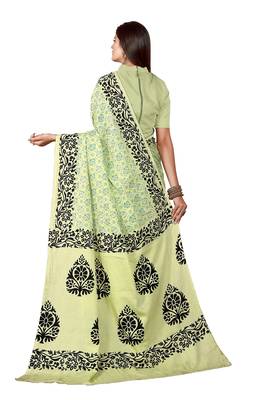 Light parrot green printed satin saree with blouse 2