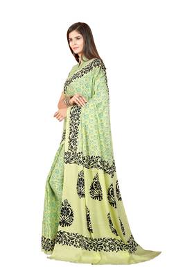 Light parrot green printed satin saree with blouse 3