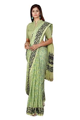 Light parrot green printed satin saree with blouse 4