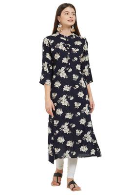 Navy blue printed rayon ethnic kurtis 1