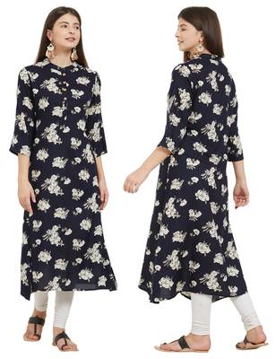 Navy blue printed rayon ethnic kurtis 5