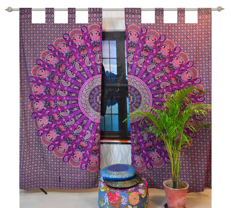India Navy Blue Handloomed Cotton Mandala Peacock Tab Top Panel Curtain Window Covering