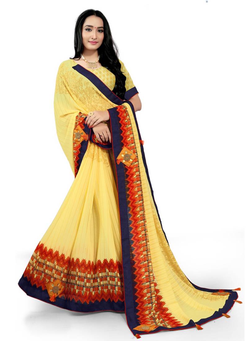 Yellow plain saree with blouse Traditional Fashion Designer