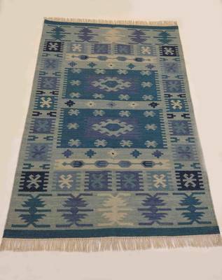  Banjara Traditional Floral Carpet Blue Coloured Wool Cotton Rug Carpet 1