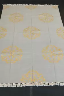 Handmade Cotton Zari Kilim Rug Beautiful Gold Flower Designer Home Decorative Area Rug