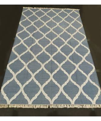Natural Hand woven Blue Cotton Kilim Rug Made Silver Zari Modern Home Decorative Area Rug 1