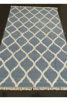 Natural Hand woven Blue Cotton Kilim Rug Made Silver Zari Modern Home Decorative Area Rug