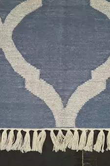 Natural Hand woven Blue Cotton Kilim Rug Made Silver Zari Modern Home Decorative Area Rug