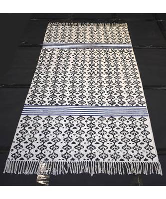 Hand Royal Black Floral Ethnic Traditional Block Print Fabric Cotton Kilim Rug 1